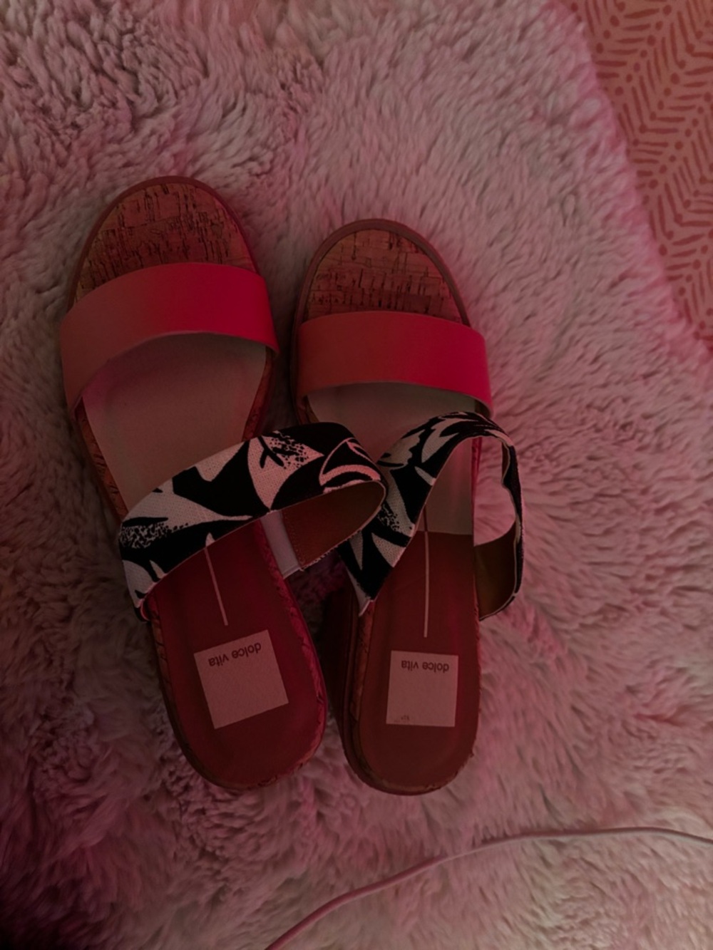 Dolce Vita Pink Slide Sandals with Black & White Patterned Cross Straps